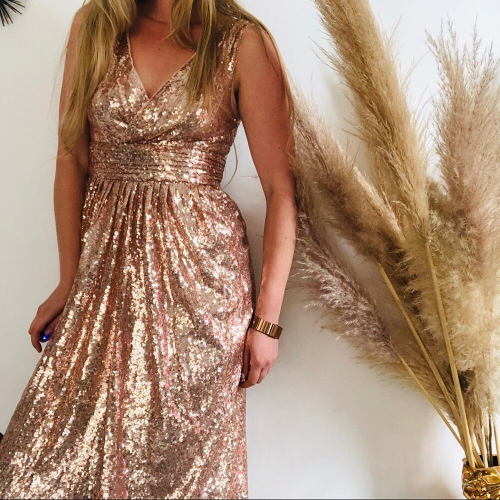 NEW KATE KASIN Pink Rose Gold Champagne VNeck Sequin Sparkle Maxi Gown Dress 10 - Picture 4 of 10